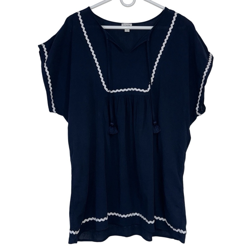 J. Crew Factory Navy Blue And White Fringe Tunic/Coverup